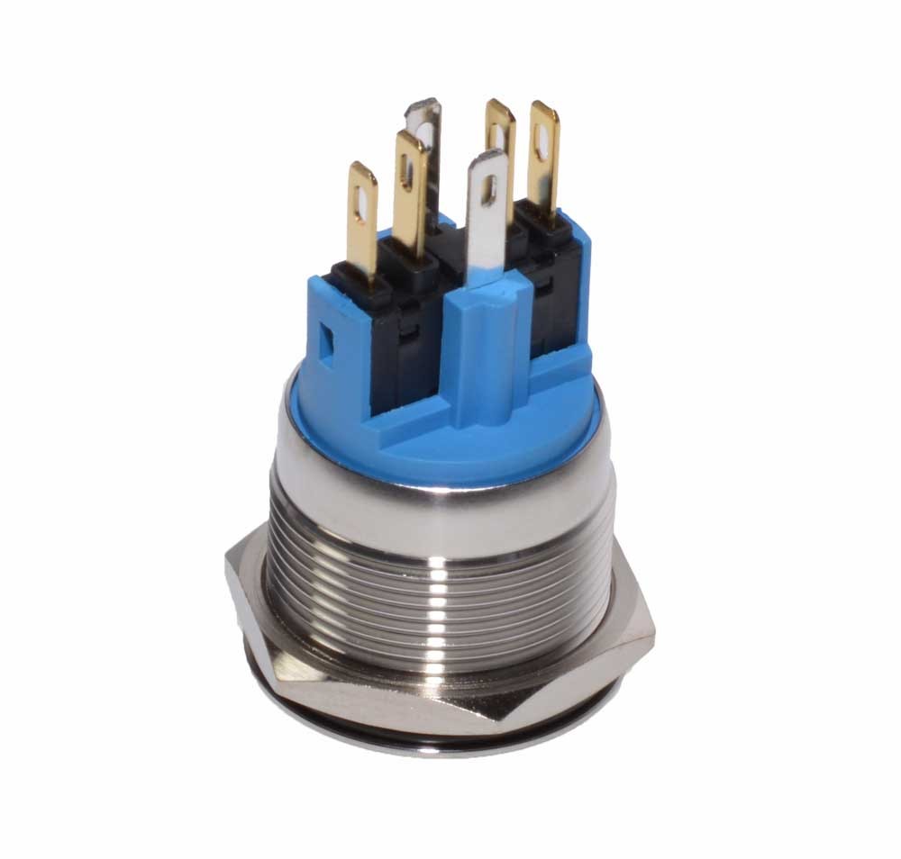 Buton push metalic 25mm - vedere spate cu cei 6 pini de conectare si corp filetat inox