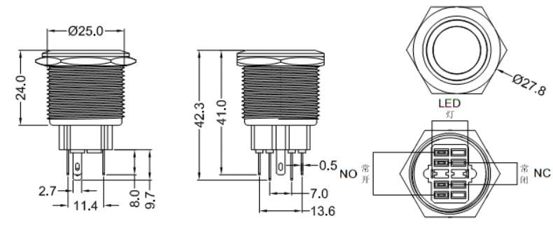 Diagrama dimensiuni buton push 25mm - gabarit 42.3mm, orificiu montaj 25mm, schema pini NO NC