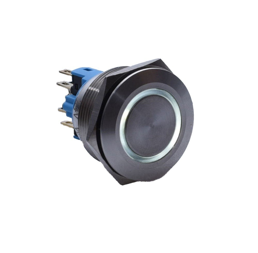 Buton push metalic 25mm finisaj negru cu inel LED alb si conector 6 pini, 24V