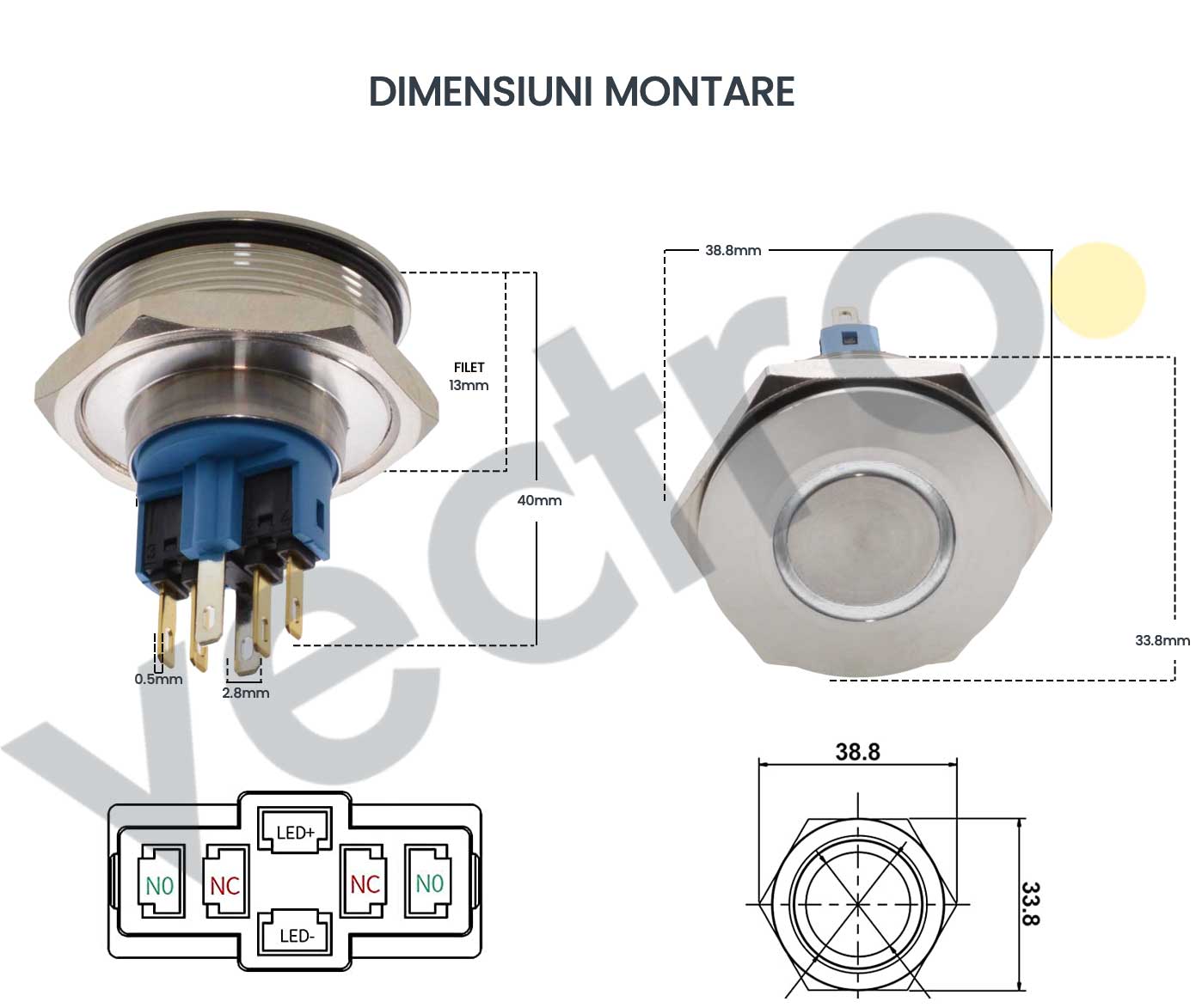 Buton push 30mm dimensiuni montare: filet M30, latime 38.8mm, schema conexiuni 6 pini
