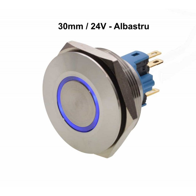 Buton push metalic 30mm, 24V, inel LED albastru aprins, vedere frontala