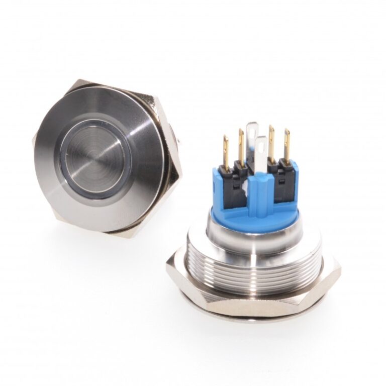 Buton push metalic 30mm vazut din fata si din spate, conectori 6 pini vizibili