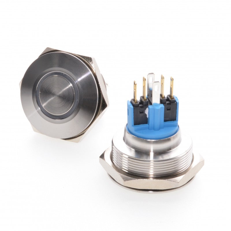 Buton push inox 30mm, vedere fata si spate, pini contacte NO/NC vizibili
