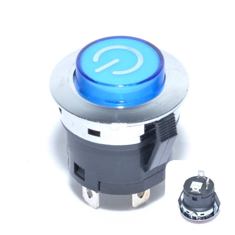 Buton push cu LED albastru 24V, vedere de sus si spate, conexiuni faston vizibile