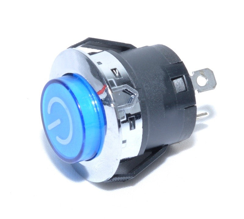 Buton push cu retinere 24V 20A, LED albastru, corp metalic cromat, montaj panou 22mm, simbol power