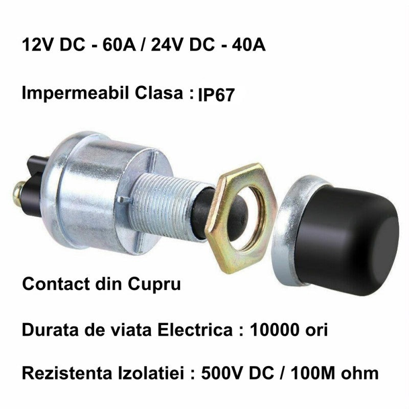 Buton push start IP67, componente demontate: corp metalic, piulita si capac cauciuc, contact cupru 10000 actionari