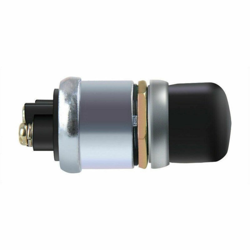 Buton push start vedere laterala completa, corp cilindric metalic si capac cauciuc negru robust