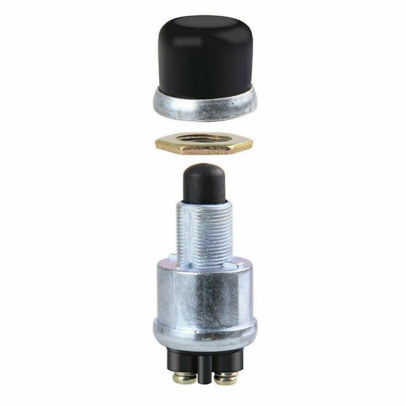 Buton push start IP67 cu toate componentele separate: capac, piulita hexagonala si corp cu filet