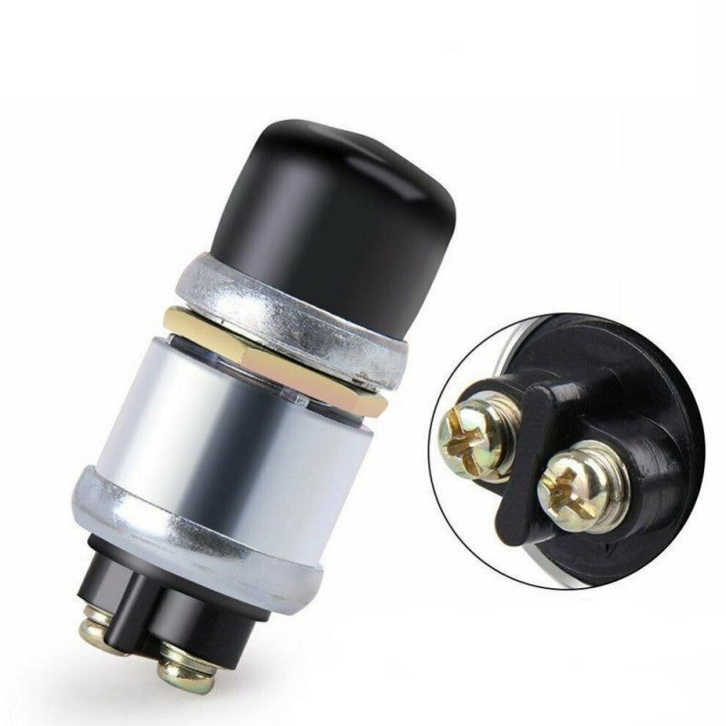 Buton push start impermeabil IP67, 12V 60A, contact de moment, corp metalic cu capac cauciuc negru