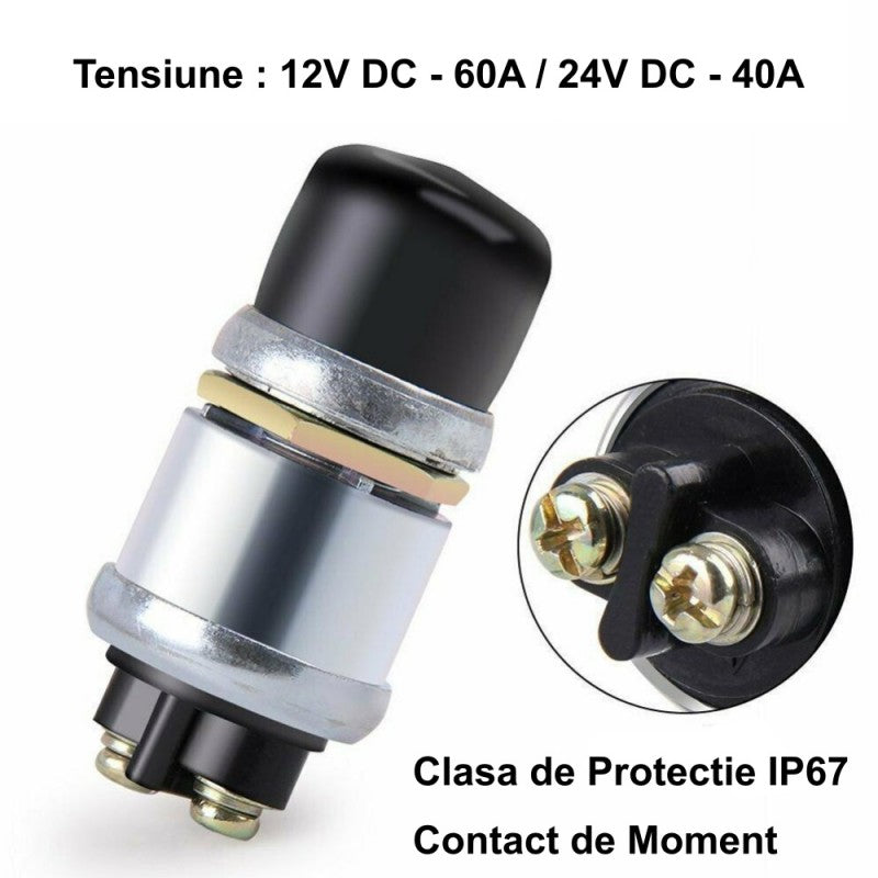 Buton push start 12V 60A si 24V 40A, protectie IP67, contact de moment, detaliu terminali spate
