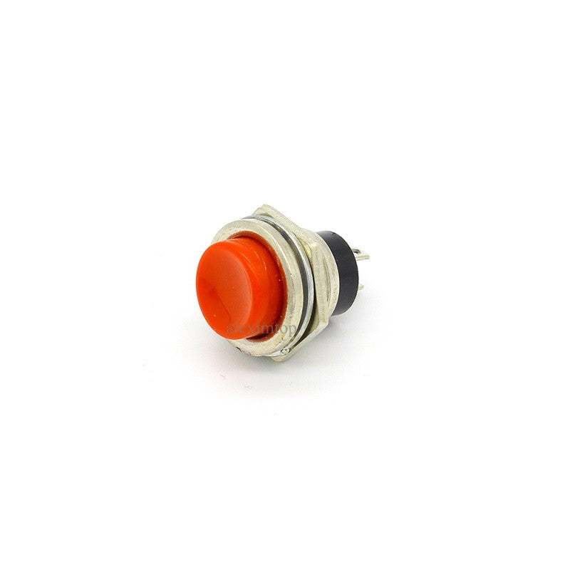 Intrerupator push button metalic rosu fara retinere, 220V/3A, montaj pe panou, carcasa metal cu buton portocaliu-rosu