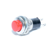 Push buton fara retinere rosu 10x25mm, contact NC, 250V AC 1.5A, montaj panou cu piulita metalica