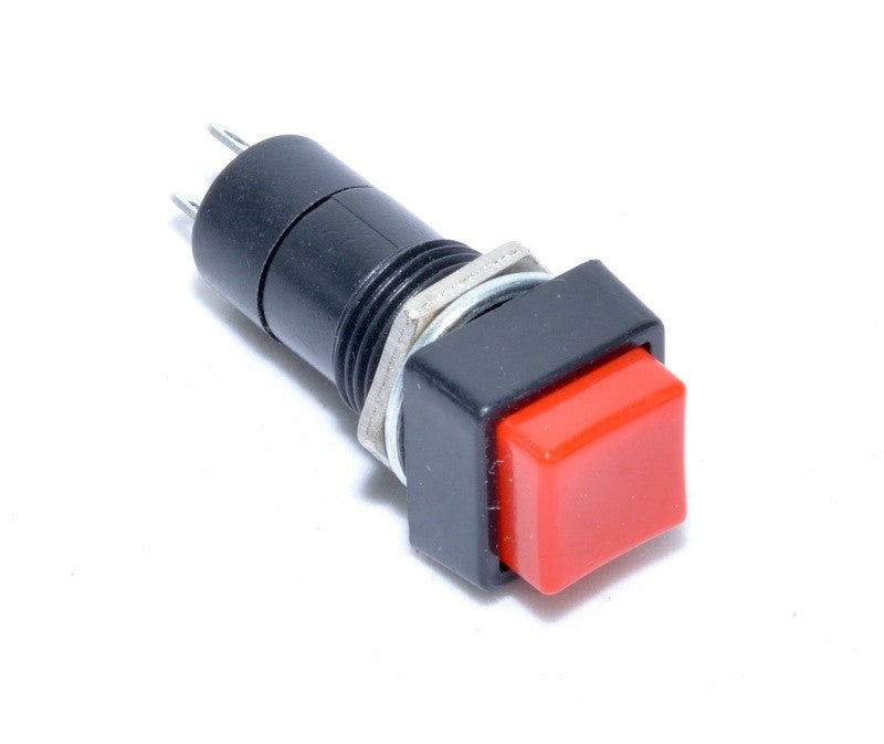 Buton push patrat fara retinere 12x37mm, cap rosu, 250V AC 3A, montaj prin filet, 2 contacte