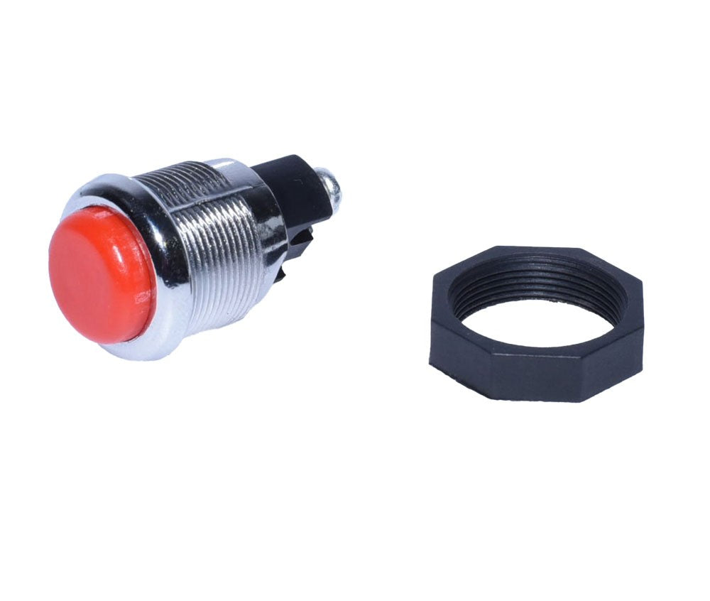 Buton push metalic rosu cu piulita octogonala neagra pentru montaj panou 20mm