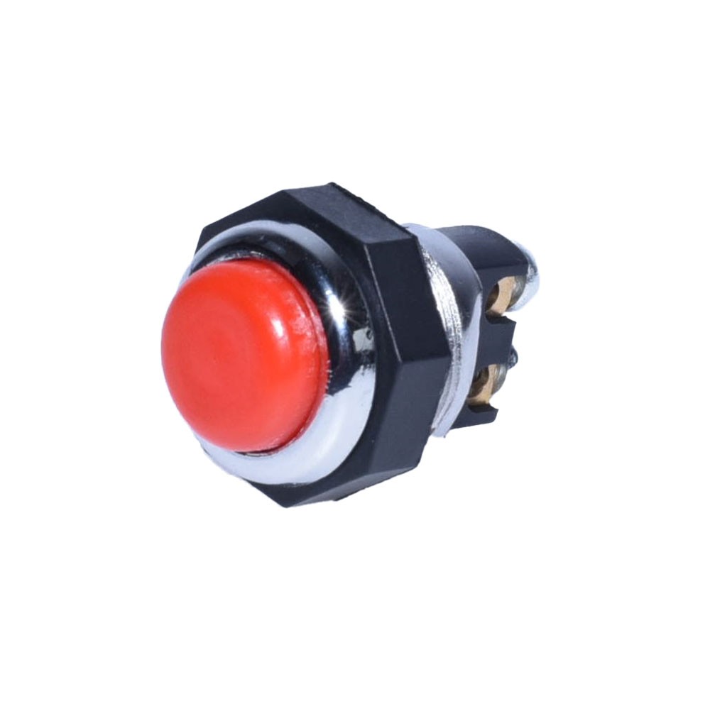 Buton push metalic rosu, vedere frontala, corp cromat si carcasa neagra