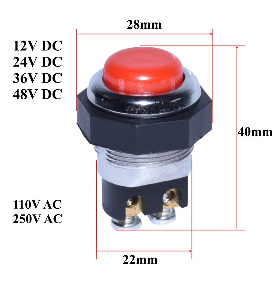 Buton push metalic cu dimensiuni 28x22mm, tensiuni suportate 12-48V DC si 250V AC