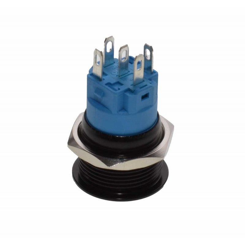 Buton push metalic 19mm vedere spate cu 5 pini de conectare si corp filetat negru