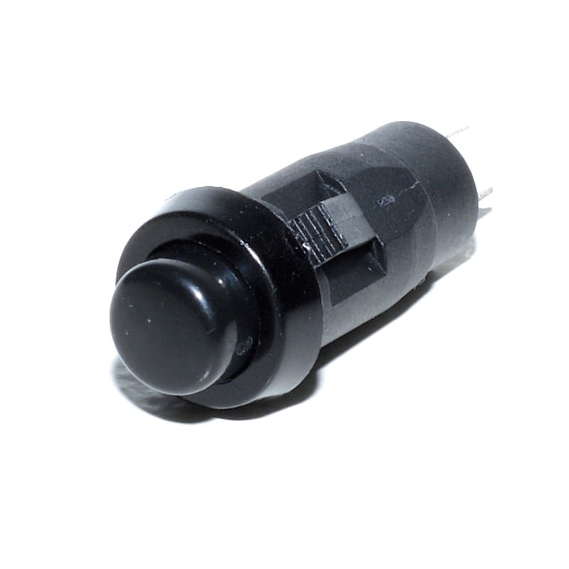 Buton push negru cu revenire, montaj prin filet, 12x32 mm, 220V AC 1.5A, corp plastic compact