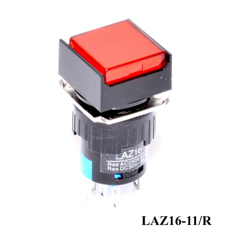 buton push patrat rosu 12V, detaliu contacte spate AC250V/3A si DC30V/5A