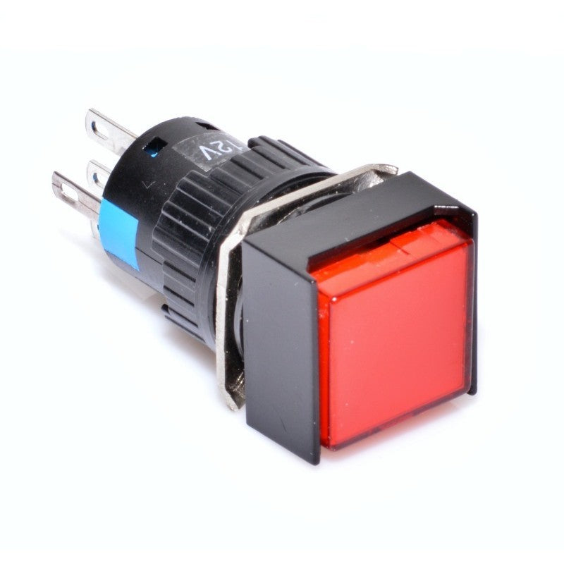 buton push patrat rosu cu LED 12V, montaj 16mm, 5 contacte, cap patrat 19x19mm