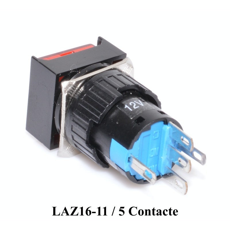 buton push patrat rosu 12V, vedere laterala cu cei 5 papuci de contact vizibili