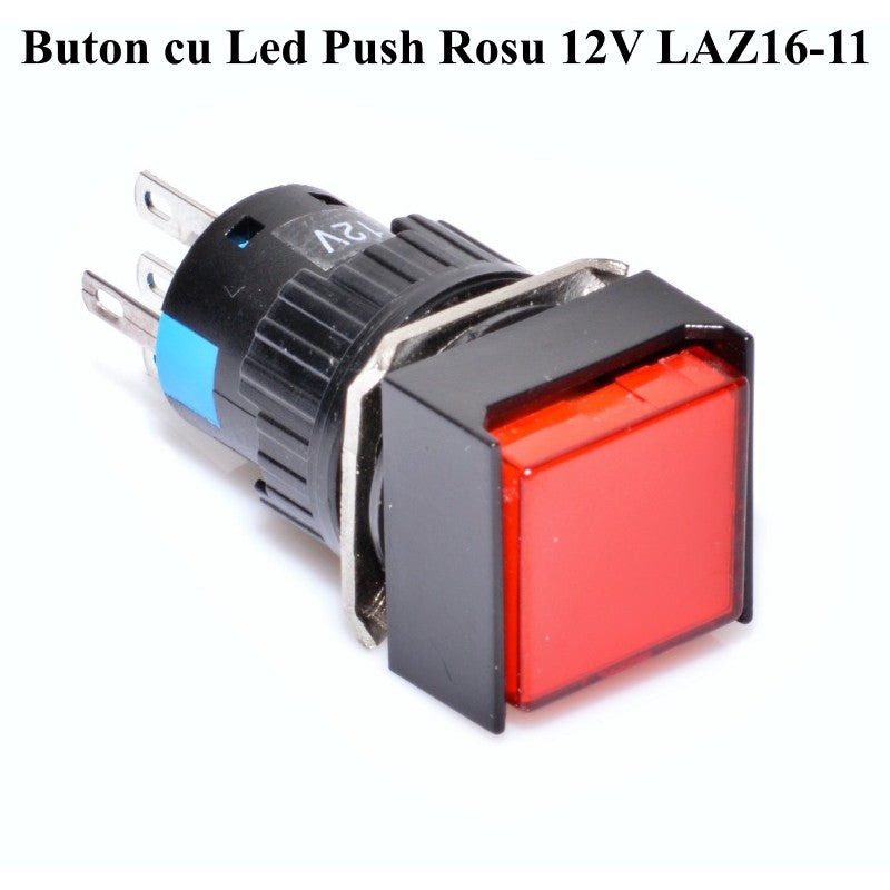 buton push patrat iluminat rosu 12V, vedere frontala cu LED aprins