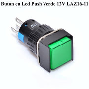 Buton push LED verde 12V, cap patrat 16mm, 5 contacte NO/NC, tensiune AC 250V/3A sau DC 30V/5A