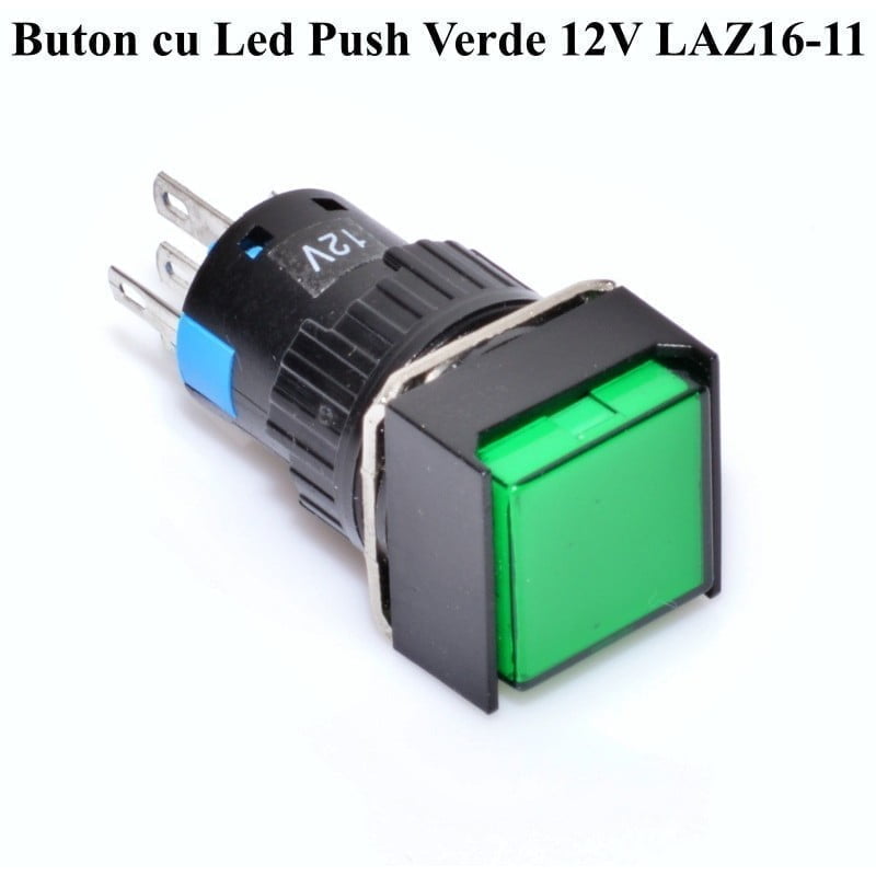Buton push LED verde 12V, cap patrat 16mm, 5 contacte NO/NC, tensiune AC 250V/3A sau DC 30V/5A