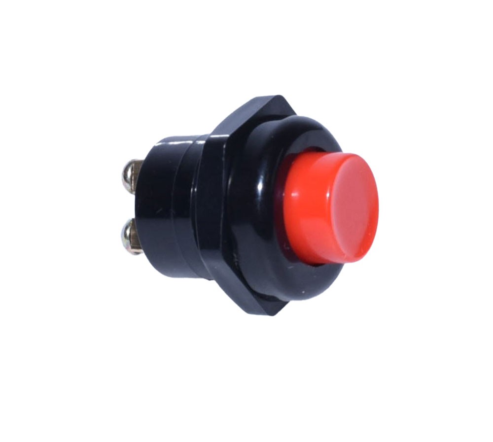 Buton push de impuls rotund, capsula rosie proeminenta, vedere frontala lateral