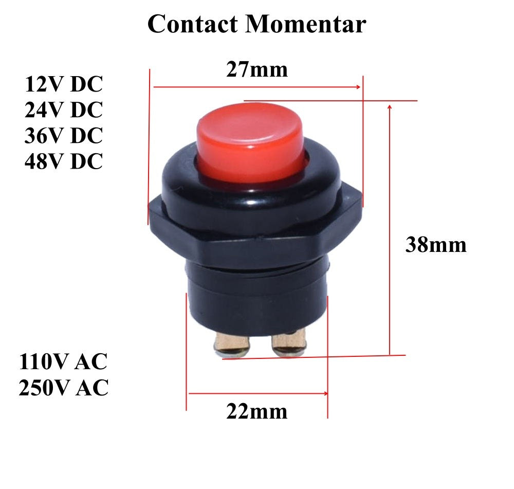 Diagrama dimensiuni buton de impuls: diametru 27mm, inaltime 38mm, tensiuni 12-250V