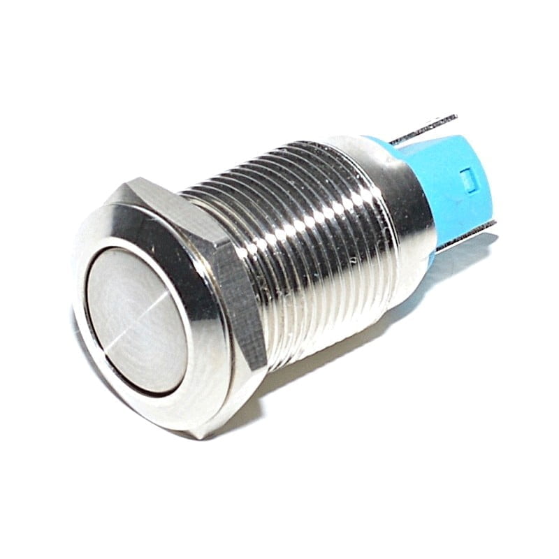 Buton metalic push cu retinere 12mm, 220V, corp inox, terminale cu surub, montaj panou