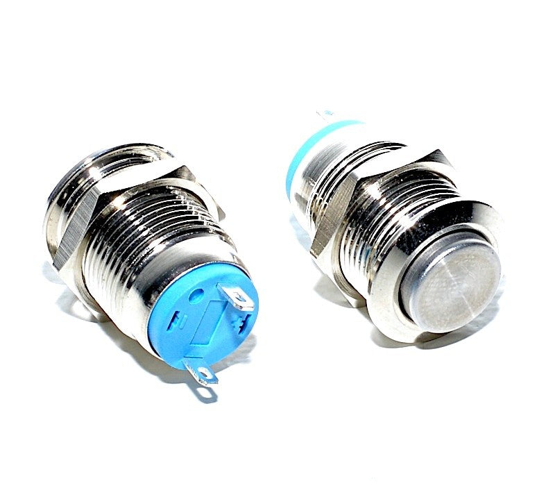 Buton push metalic 12mm vazut din spate si din fata, terminale cu surub vizibile