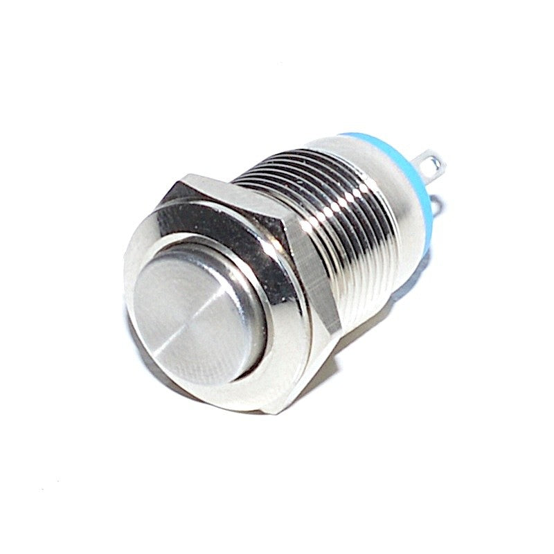 Buton push momentan 12mm 220V, detaliu cap metalic lustruit si corp inoxidabil