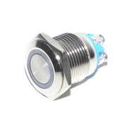 Buton metalic push fara retinere 16mm cu inel LED albastru, 12V DC, carcasa inox, contact NO