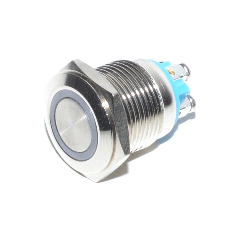 Buton metalic push fara retinere 16mm cu inel LED albastru, 12V DC, carcasa inox, contact NO
