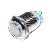 Buton metalic 16mm cu inel LED rosu, tip push cu retinere, 220V, carcasa inox slefuit