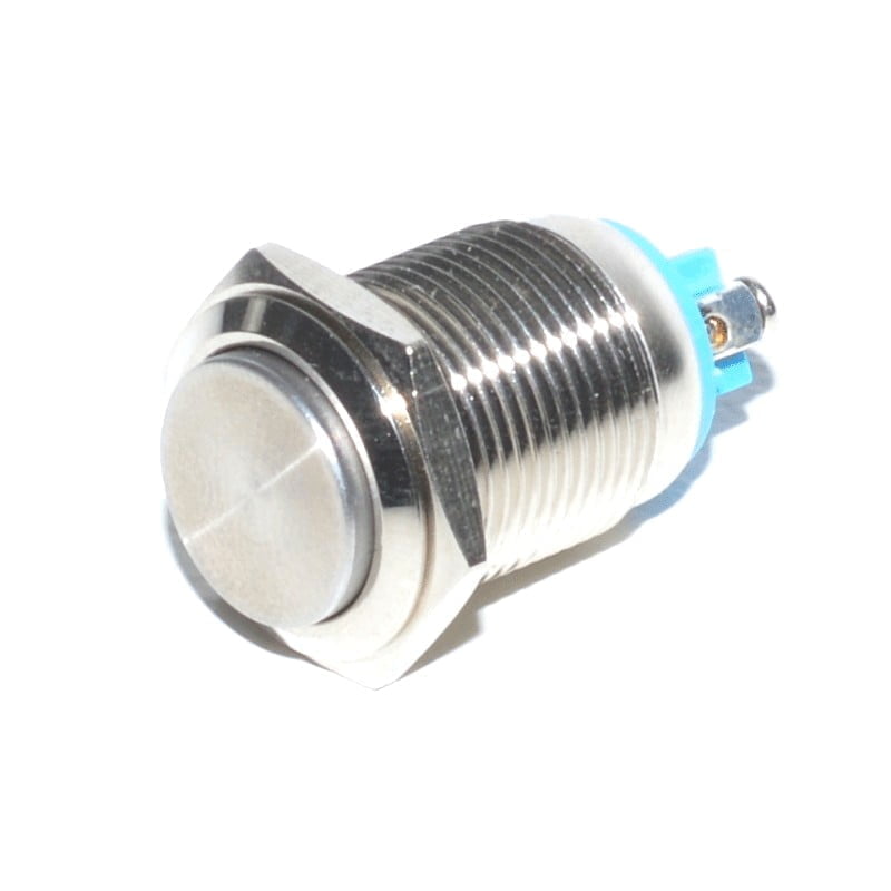 Buton metalic push cu retinere 16mm, 220V, corp inox nichelat, montaj panou, contact prin surub