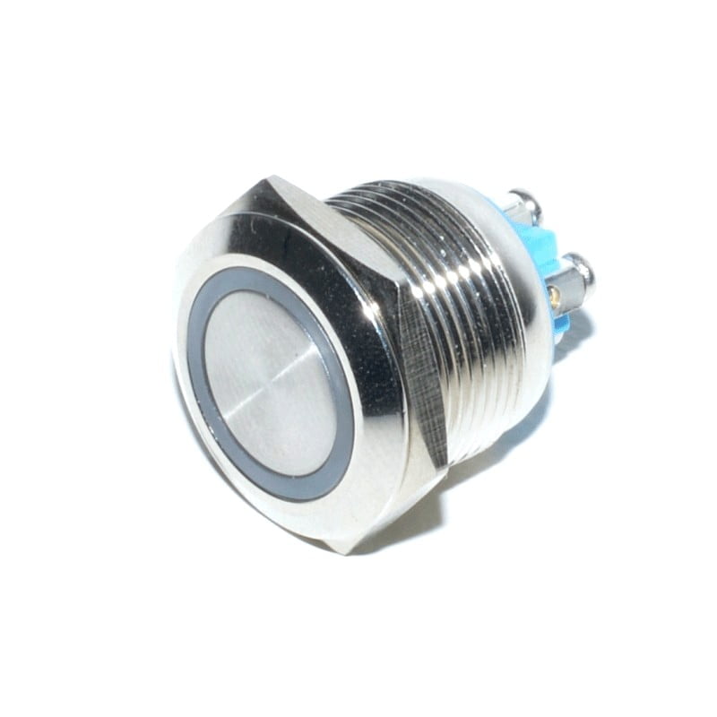 Buton metalic push fara retinere 19mm cu inel LED portocaliu, 24V DC, corp inox, terminale cu surub