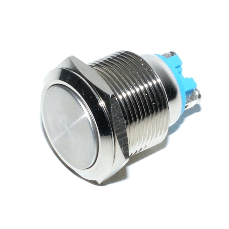 Buton metalic tip push cu retinere 19mm, contact NO 220V/3A, corp inox, montaj cu piulita