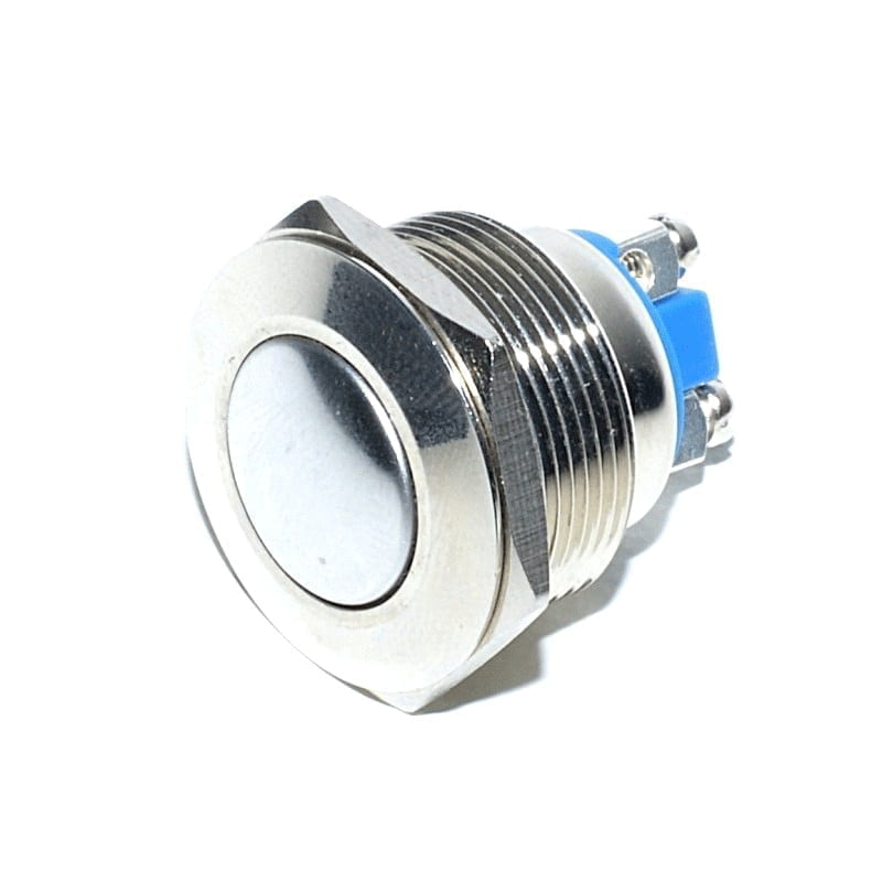 Buton metalic push 22mm fara retinere, 220V 3A, carcasa nichelata cu terminal surub