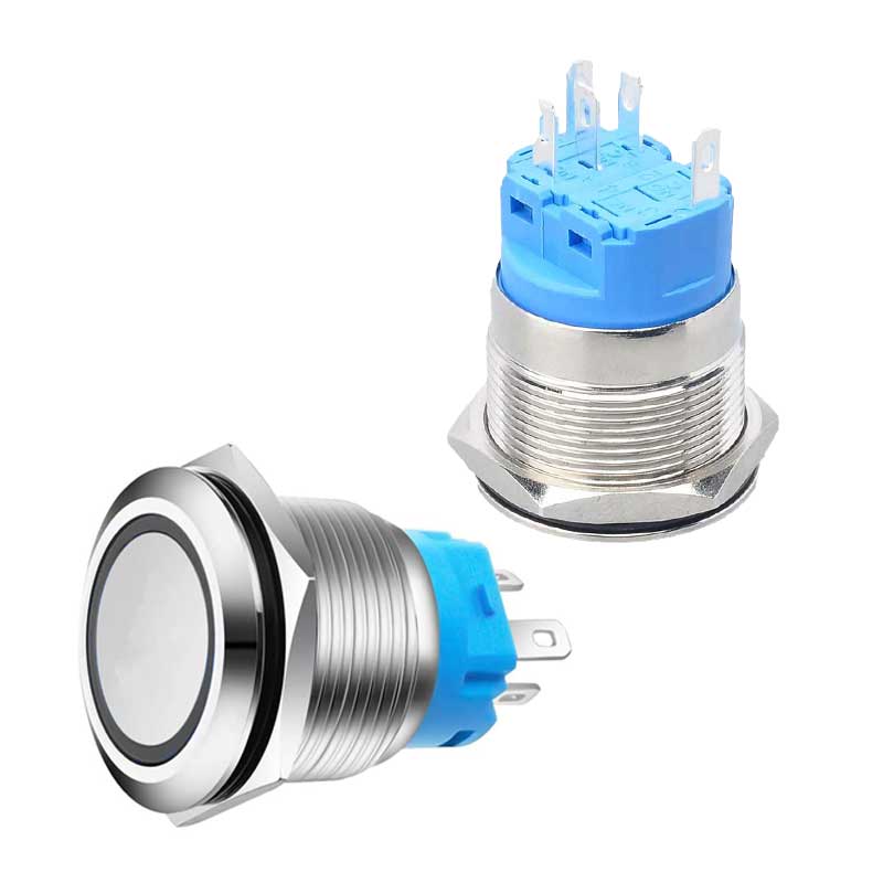Buton push metalic 22mm, set doua unitati fata si spate, conector albastru