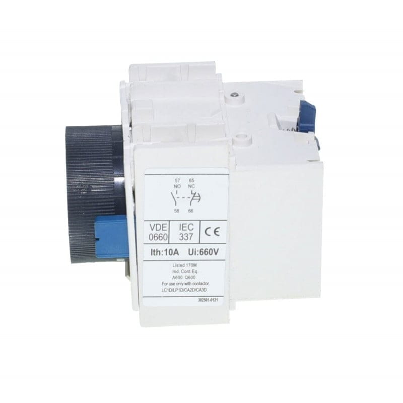 Releu temporizator 10A, 660V, vedere laterala cu eticheta tehnica VDE/IEC si schema de conexiuni