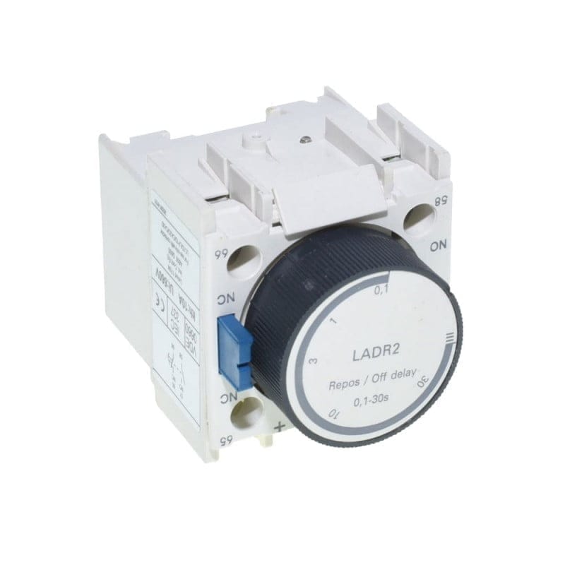 Releu temporizator off-delay, vedere din spate cu borne NC/NO si conector albastru de fixare