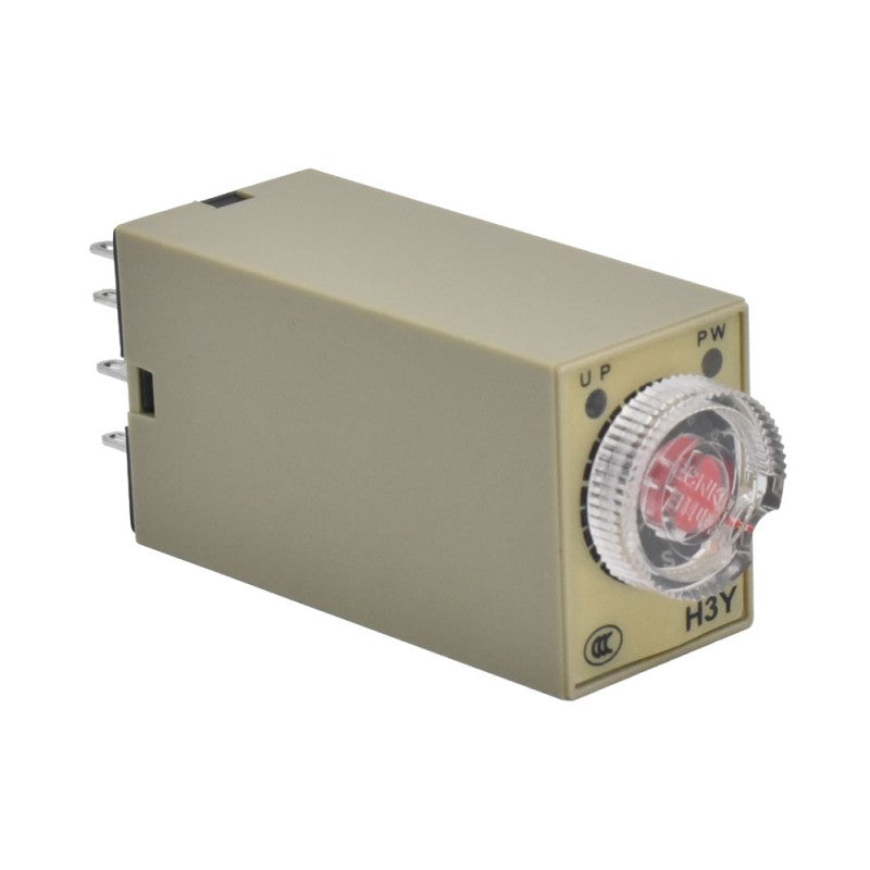 Releu temporizator 220V vedere laterala cu pini de conectare si capac transparent