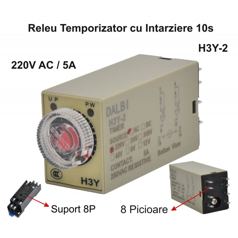Releu temporizator 220V AC 5A cu soclu 8P inclus, intarziere reglabila 0-10 secunde