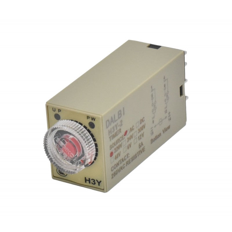 Releu temporizator 220V AC, contact 5A, vedere laterala cu eticheta tehnica si buton rotativ