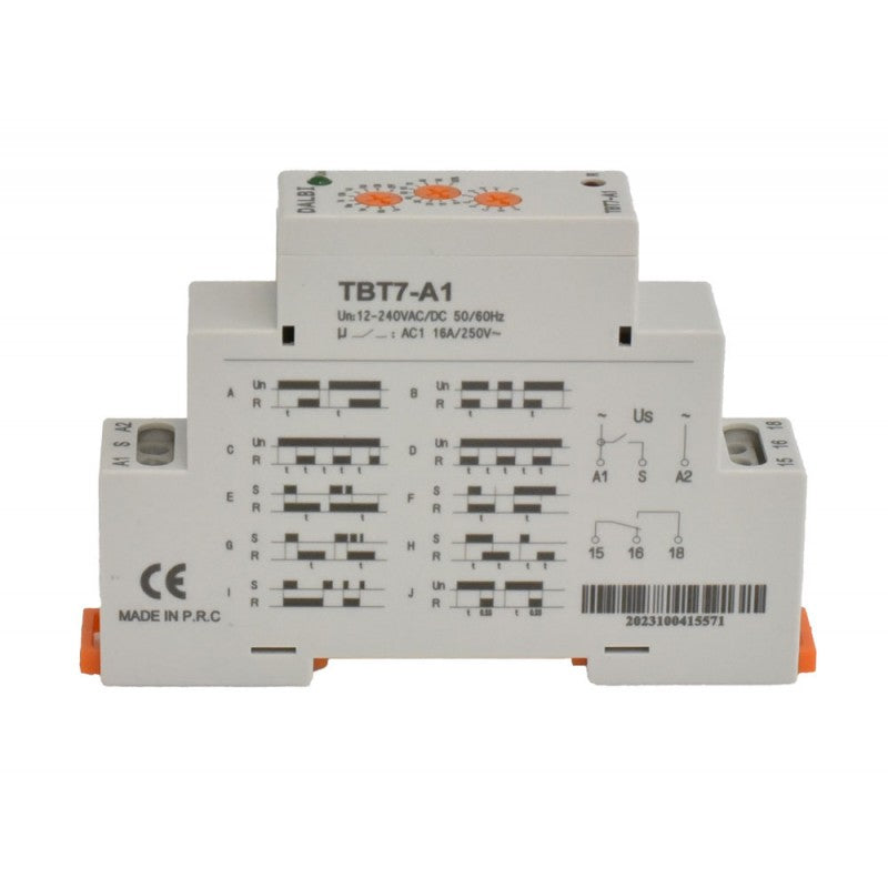 Releu de timp DIN 16A/250V, vedere frontala cu diagrame moduri si borne de conectare