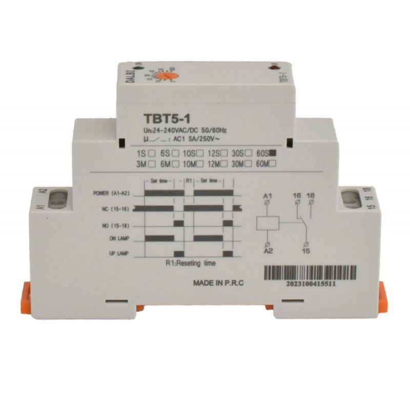 Releu de timp 24-240V montat pe soclu sina DIN, scala timp si schema electrica vizibile