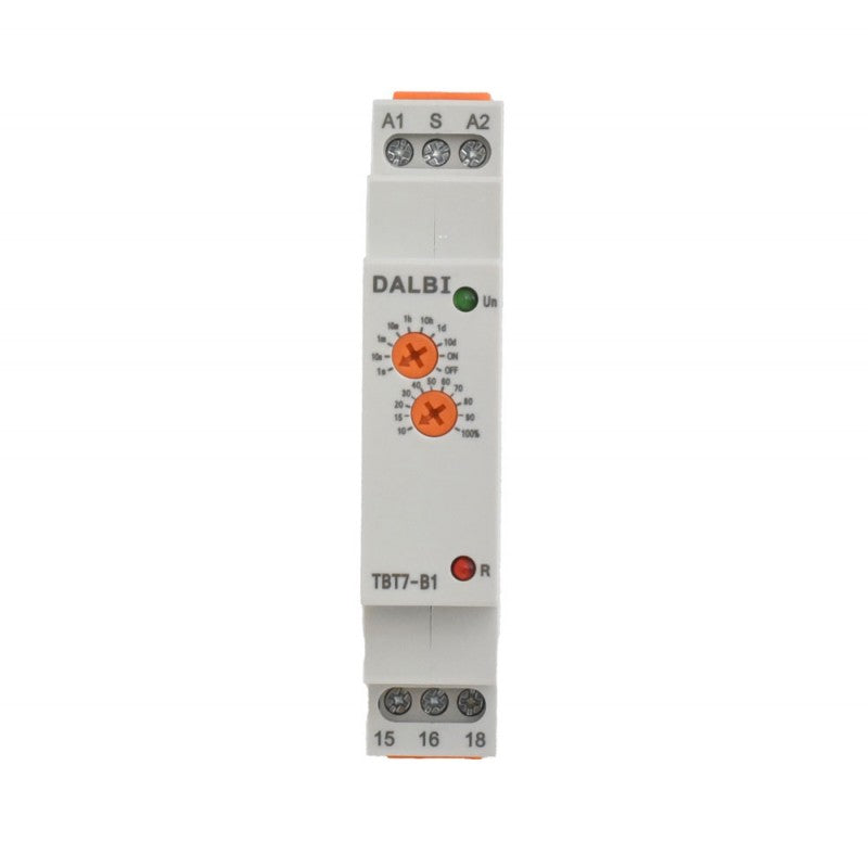 Releu de timp cu interval reglabil, vedere frontala cu LED indicator verde si rosu, borne A1 S A2