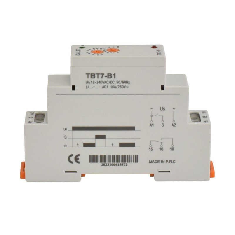 Releu de timp cu soclu DIN detasabil, diagrama de functionare si specificatii 12-240V AC/DC vizibile